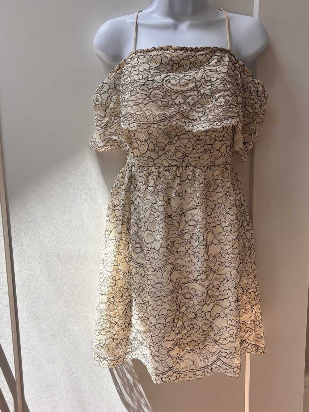 Francesca's Collections Cream Lace Off-Shoulder Mini Dress
